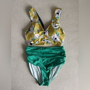Floral Yellow & Green High-Waist Bikini Set